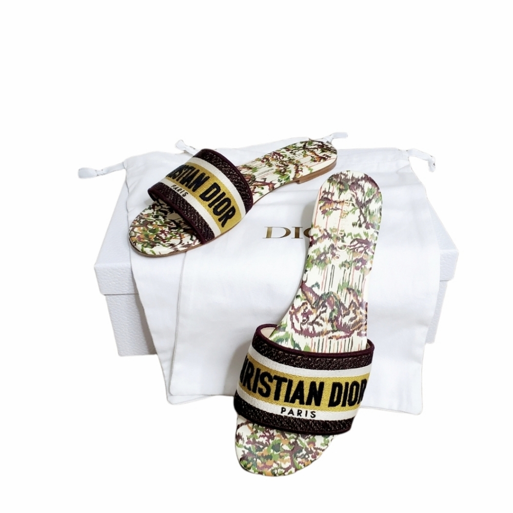 Christian Dior DWAY SLIDE Colored Toile de Jouy Embroidered Cotton Size 38.5